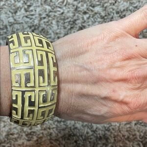 Chunky Cream Enamel Geometric Bangle Bracelet — Greek Key Style — Boho Statement